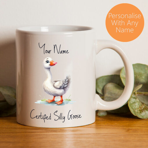 Certified Silly Goose Ceramic Mug With Personalised Name and Colour Illustration Of A Silly Goose